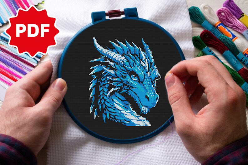Majestic blue dragon head with intense eyes, cross stitch for fantasy lovers