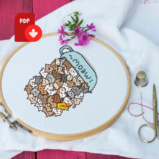 Coffee Cat Cross Stitch Pattern