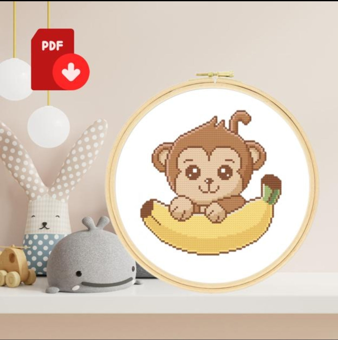 Cute Monkey Cross Stitch Pattern, Banana Cross Stitch Pattern