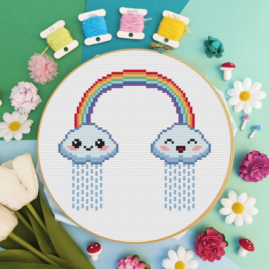 Cloud Cross Stitch Pattern, Rainbow Cross Stitch Pattern, Rain Cross Stitch Pattern