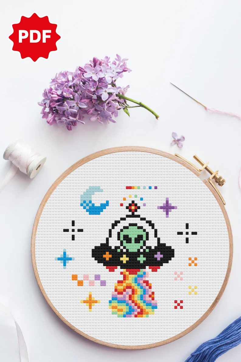 Green Alien Cross Stitch, Ufo Counted Cross Stitch