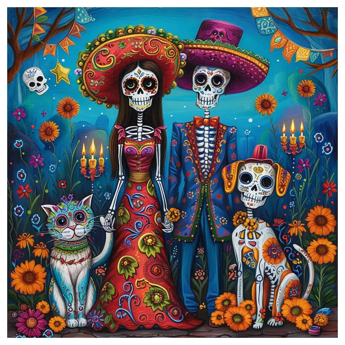 Colorful Day of the Dead-themed painting with skeletons, a cat, and a dog in festive attire.