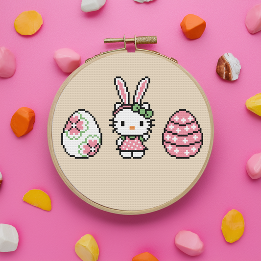 Hello Kitty Cross Stitch Pattern, Easter Eggs Cross Stitch Pattern, Rabbit Kitty Cross Stitch Pattern