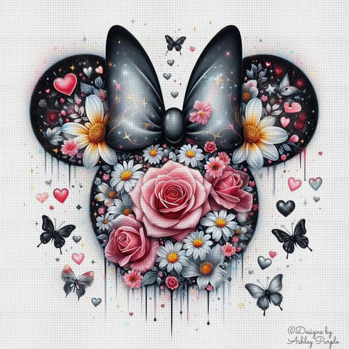 Floral Minnie Mouse Head Cross Stitch Kit 
