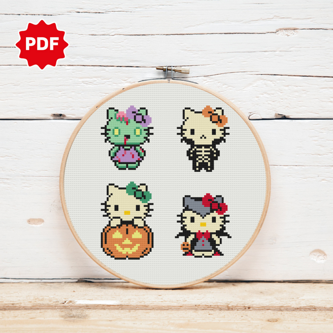 Halloween Hello Kitty Cross Stitch Pattern, Spooky Cross Stitch Pattern