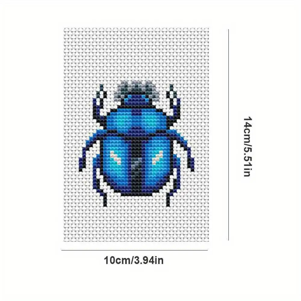 Blue beetle Cross stitch on a white background with dimensions indicated.