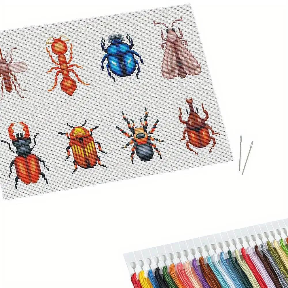 Cross-stitch kit with pre-printed pattern of insects and a selection of colorful threads.