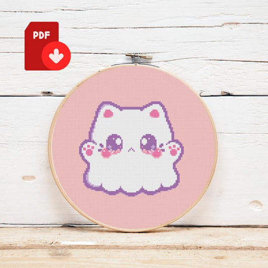 Cross-stitched design of a cute ghost on a pink background with a PDF icon.