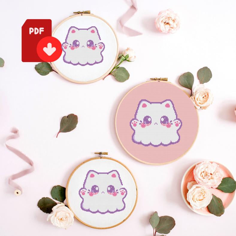 Three embroidery hoops with a cute cat design on a white background with flowers and ribbons.