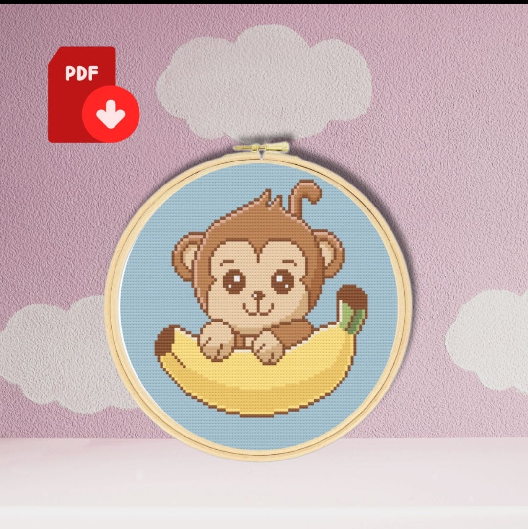 Monkey And Banana Cross Stitch Pattern 