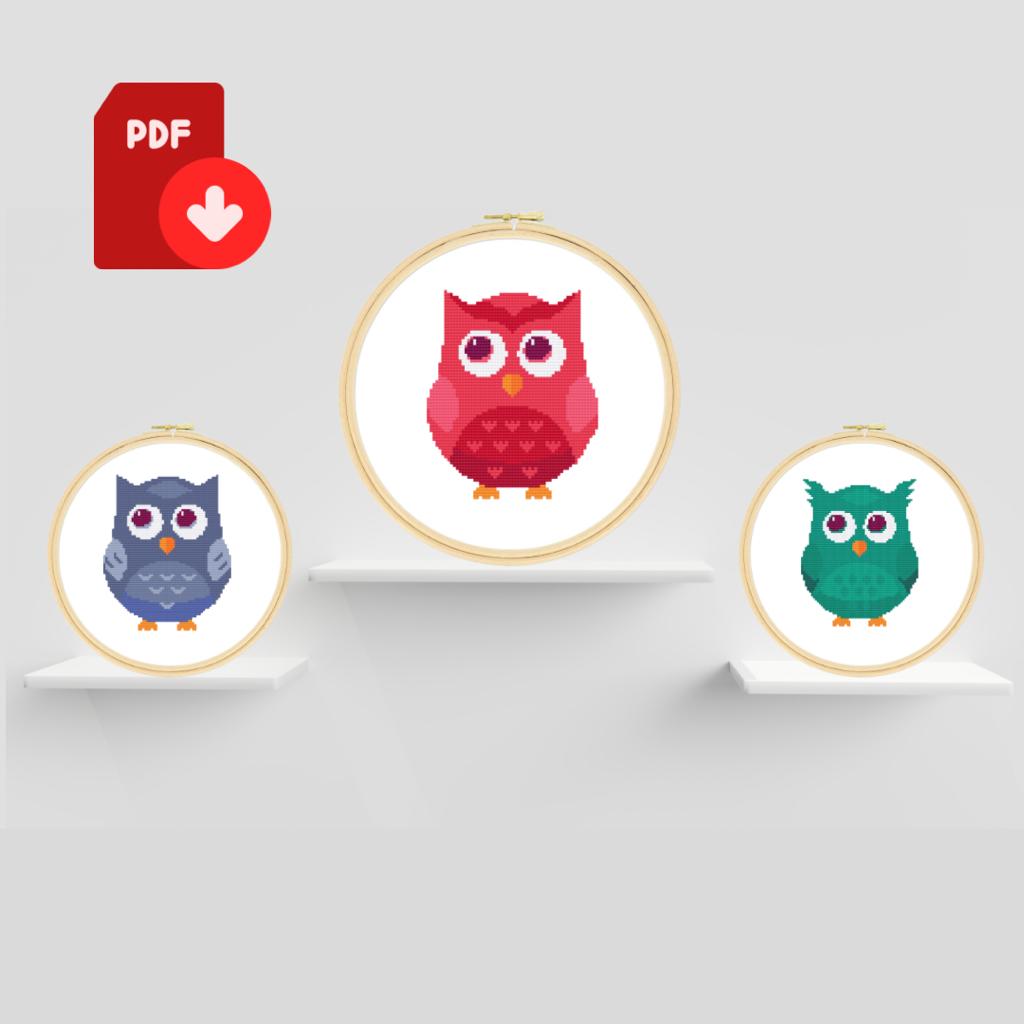 Set of 3 Owls Cross Stitch Pattern 