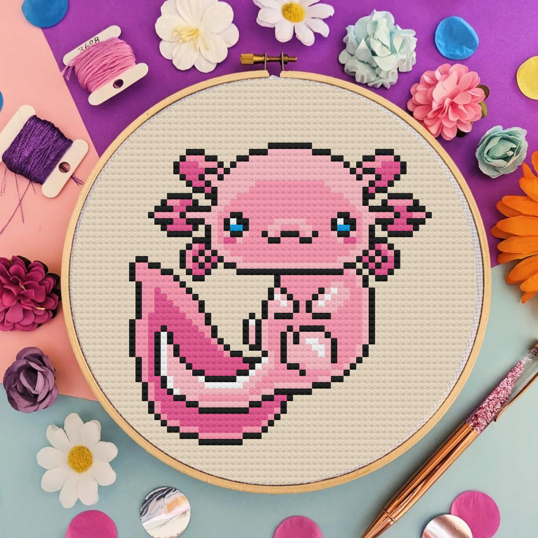 Pink Axolotl Cross Stitch Pattern, Small Axlotl Cross Stitch Pattern, Axolotl Cross Stitch Pattern, Axolotl Embroidery