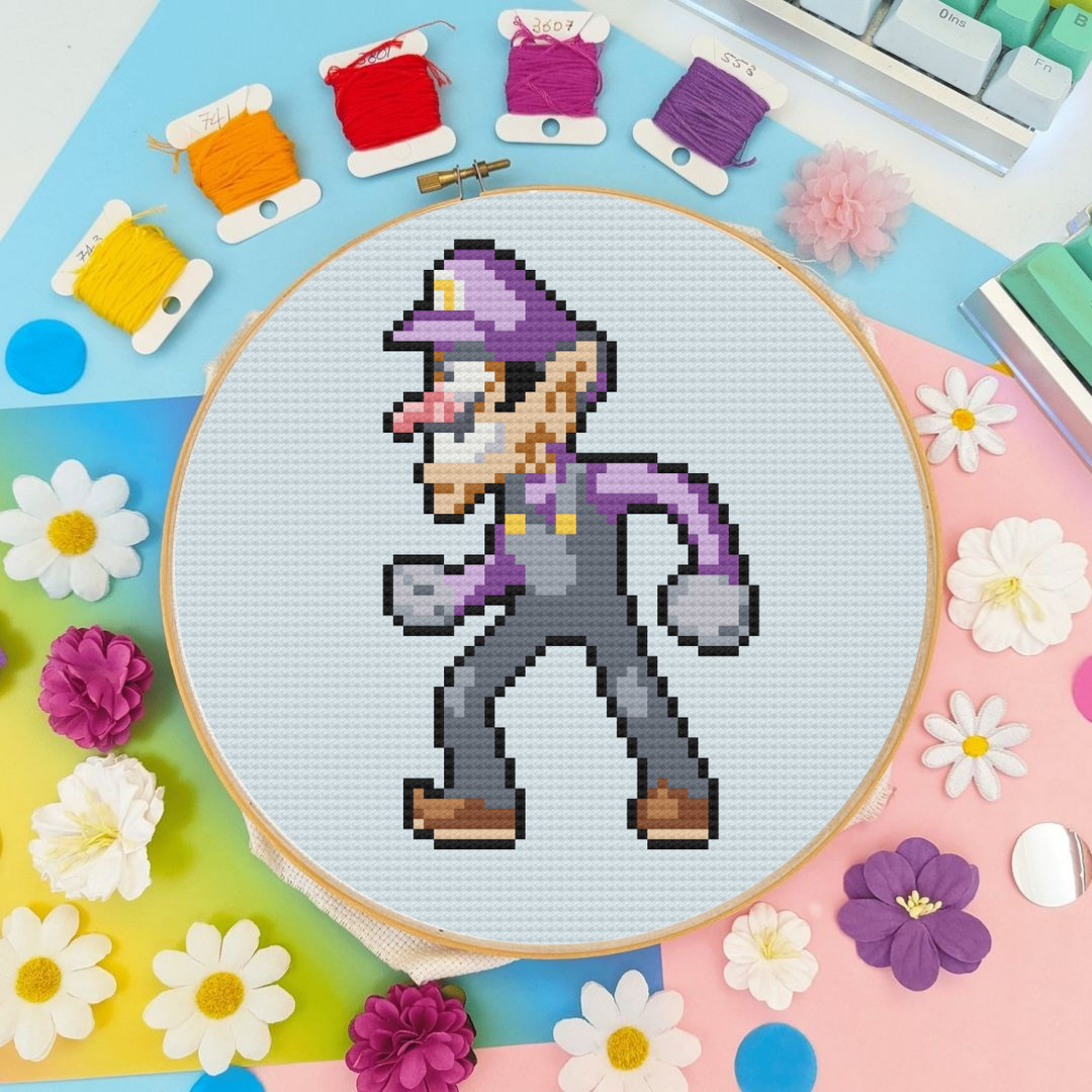 Waluigi Cross Stitch Pattern, Video Game Cross Stitch Pattern