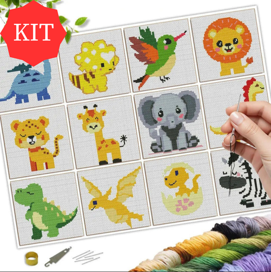 Mini Cross Stitch Kit Set Of 12 Animals